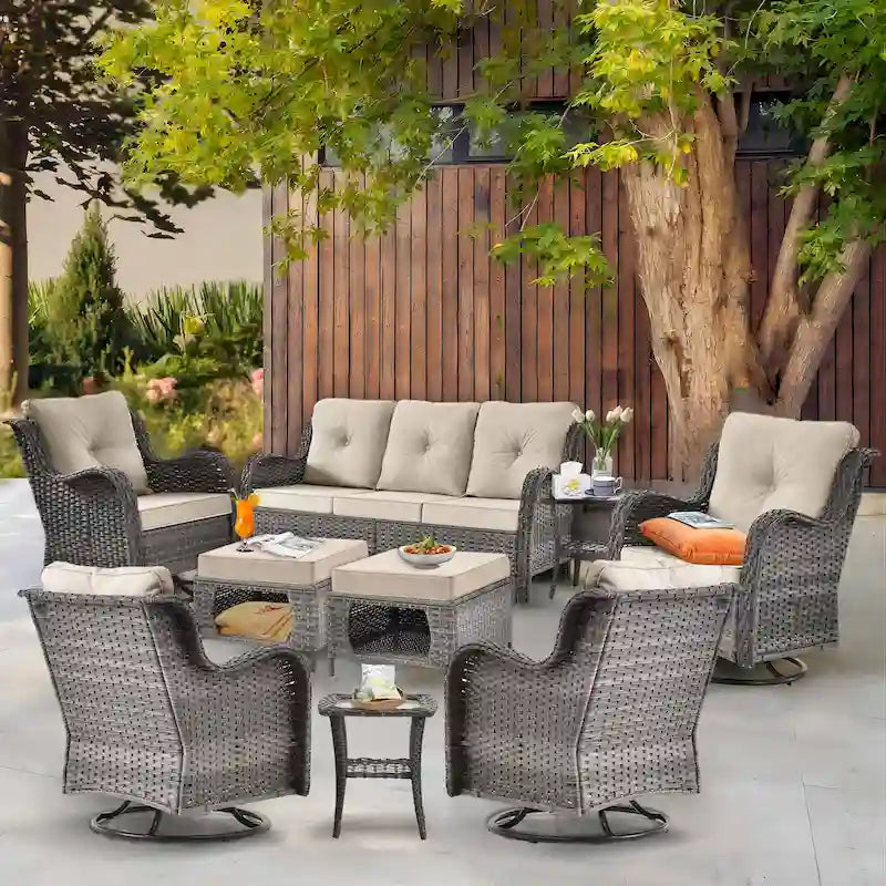 Salon de jardin en rotin – Ensemble de mobilier de jardin 9 pièces avec chaises pivotantes