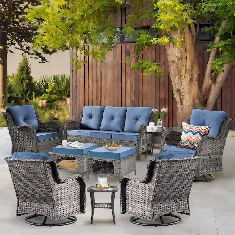 Salon de jardin en rotin – Ensemble de mobilier de jardin 9 pièces avec chaises pivotantes