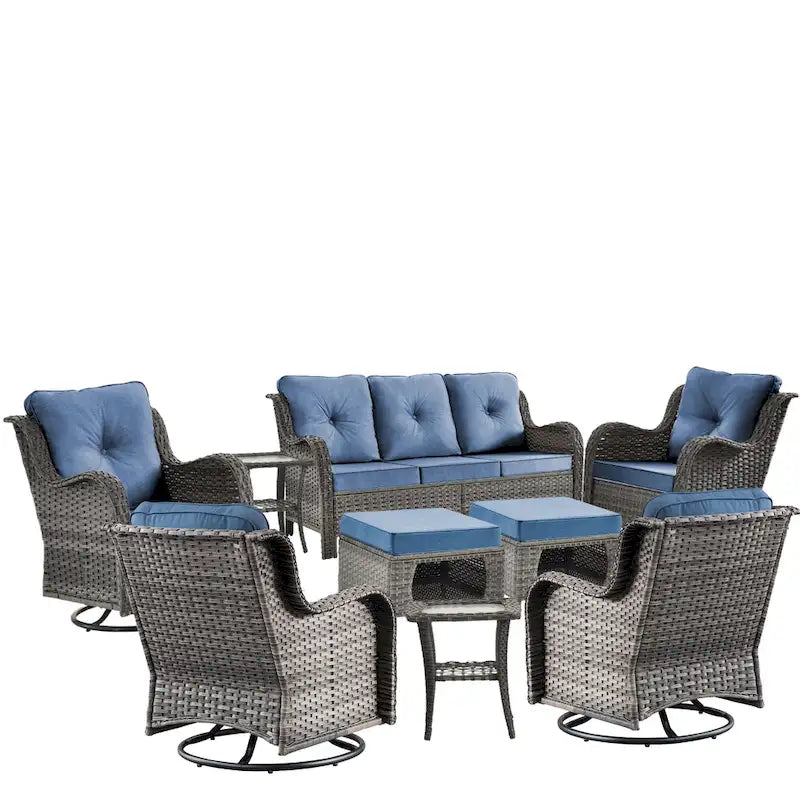 Salon de jardin en rotin – Ensemble de mobilier de jardin 9 pièces avec chaises pivotantes