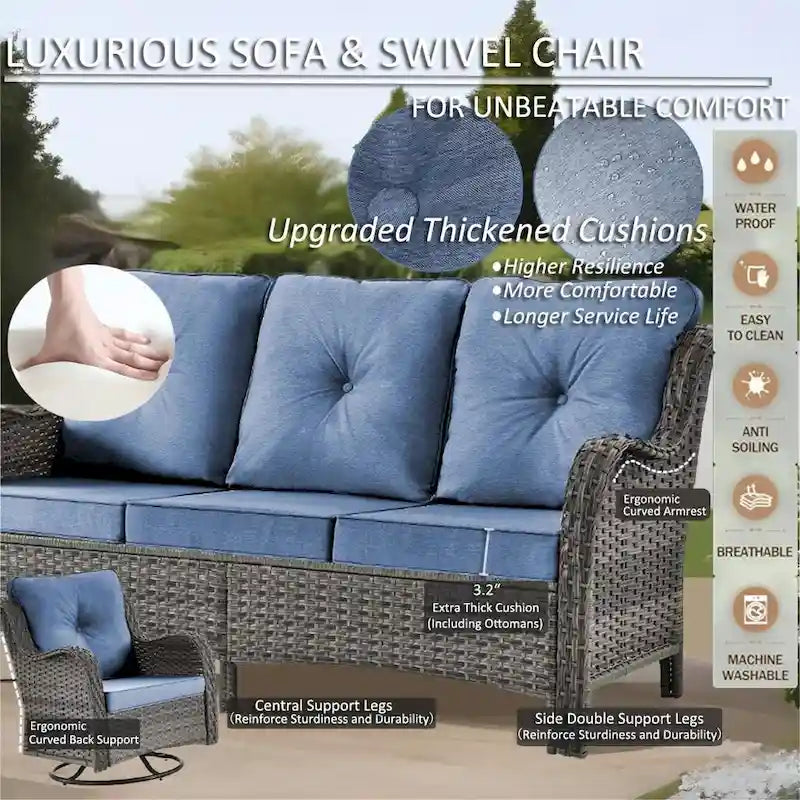 Salon de jardin en rotin – Ensemble de mobilier de jardin 9 pièces avec chaises pivotantes