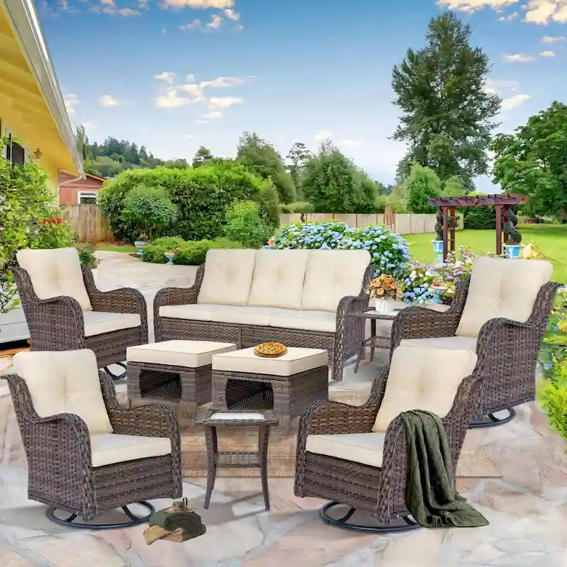 Salon de jardin en rotin – Ensemble de mobilier de jardin 9 pièces avec chaises pivotantes