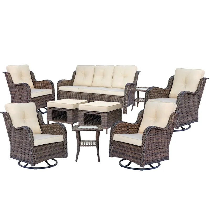 Salon de jardin en rotin – Ensemble de mobilier de jardin 9 pièces avec chaises pivotantes