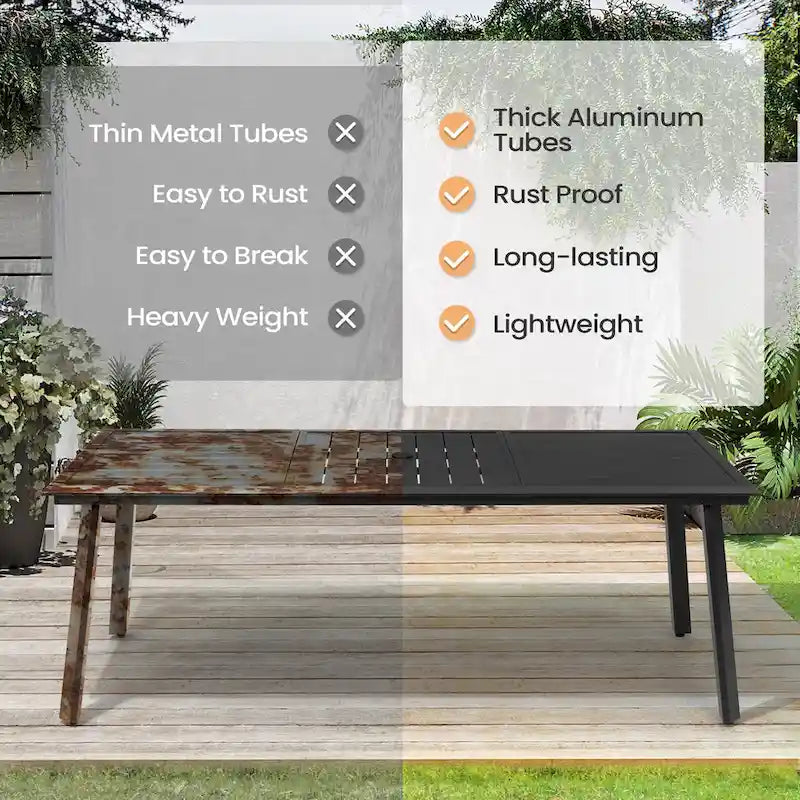 Table de salle à manger d'extérieur 7 pièces en aluminium avec trou pour parasol et chaises en rotin