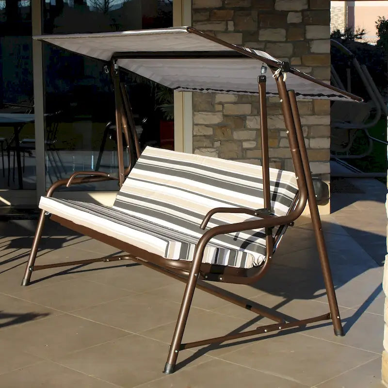 Balançoire de patio Sunjoy Luxury à 4 places en acier avec siège en filet élastique, coussins et auvent réglable, convertible en lit