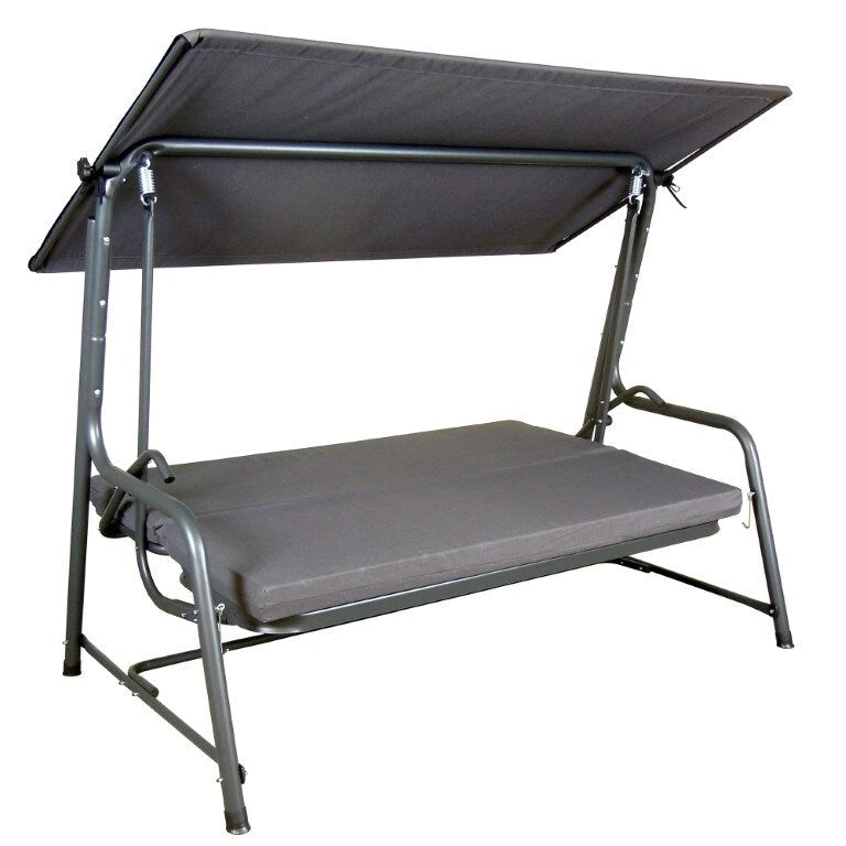 Balançoire de patio Sunjoy Luxury à 4 places en acier avec siège en filet élastique, coussins et auvent réglable, convertible en lit