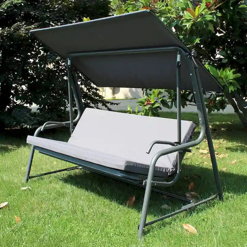 Balançoire de patio Sunjoy Luxury à 4 places en acier avec siège en filet élastique, coussins et auvent réglable, convertible en lit
