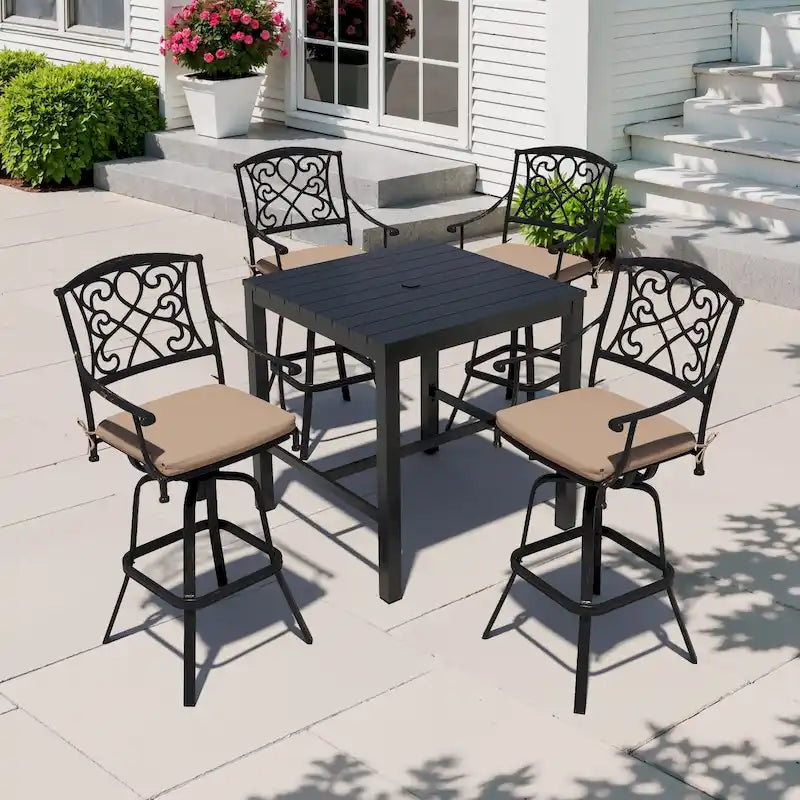 Ensemble 3/5 tabourets de bar en fonte d'aluminium avec coussin en tissu Sunbrella pour terrasse