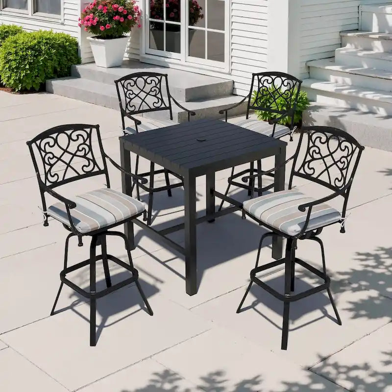 Ensemble 3/5 tabourets de bar en fonte d'aluminium avec coussin en tissu Sunbrella pour terrasse