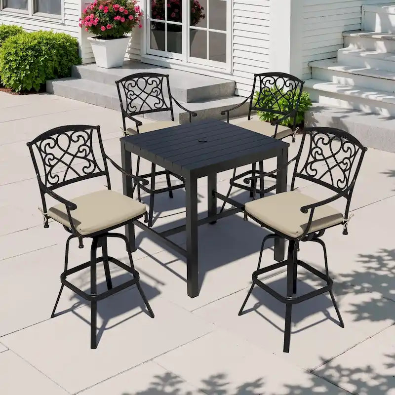 Ensemble 3/5 tabourets de bar en fonte d'aluminium avec coussin en tissu Sunbrella pour terrasse