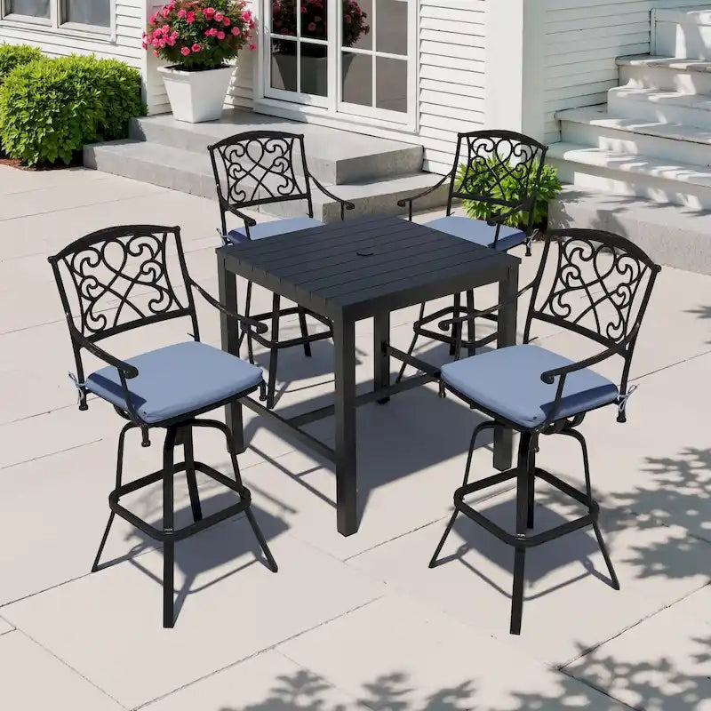 Ensemble 3/5 tabourets de bar en fonte d'aluminium avec coussin en tissu Sunbrella pour terrasse