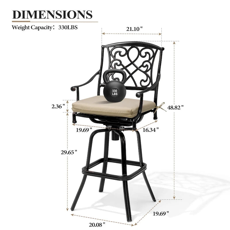 Ensemble 3/5 tabourets de bar en fonte d'aluminium avec coussin en tissu Sunbrella pour terrasse