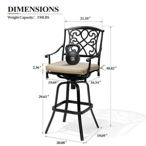 Ensemble 3/5 tabourets de bar en fonte d'aluminium avec coussin en tissu Sunbrella pour terrasse