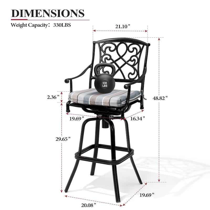 Ensemble 3/5 tabourets de bar en fonte d'aluminium avec coussin en tissu Sunbrella pour terrasse