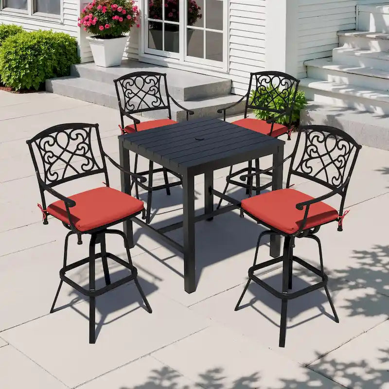 Ensemble 3/5 tabourets de bar en fonte d'aluminium avec coussin en tissu Sunbrella pour terrasse