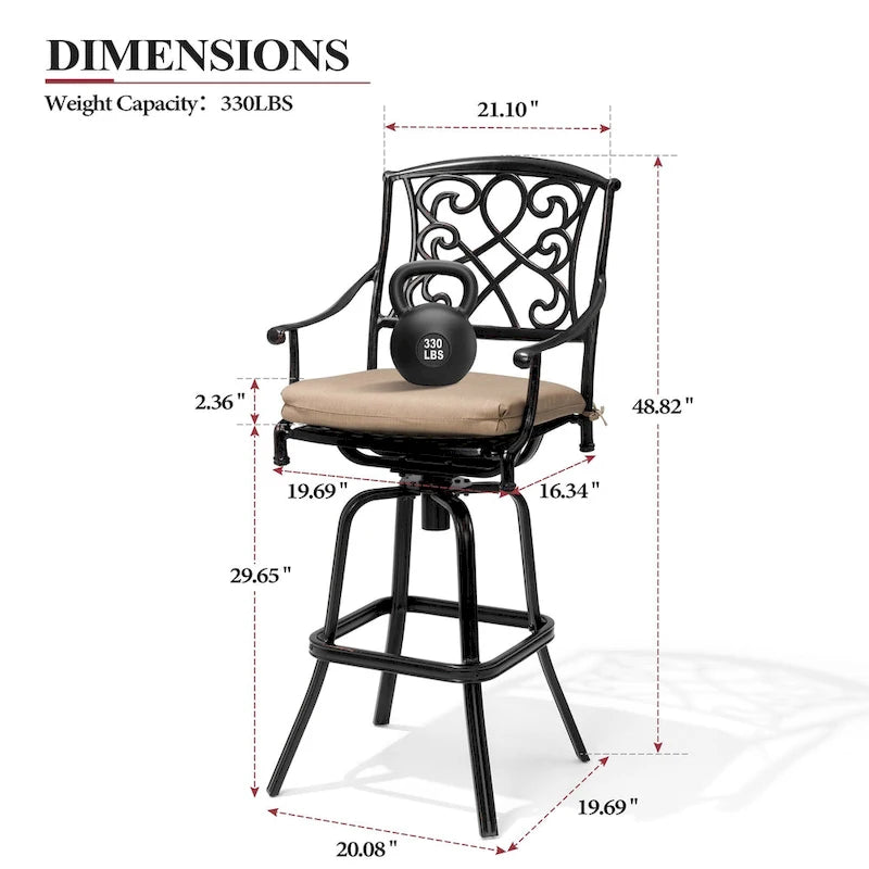 Ensemble 3/5 tabourets de bar en fonte d'aluminium avec coussin en tissu Sunbrella pour terrasse