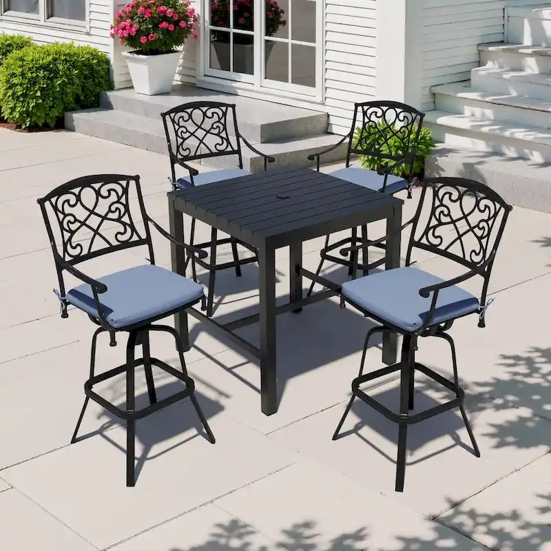Ensemble 3/5 tabourets de bar en fonte d'aluminium avec coussin en tissu Sunbrella pour terrasse
