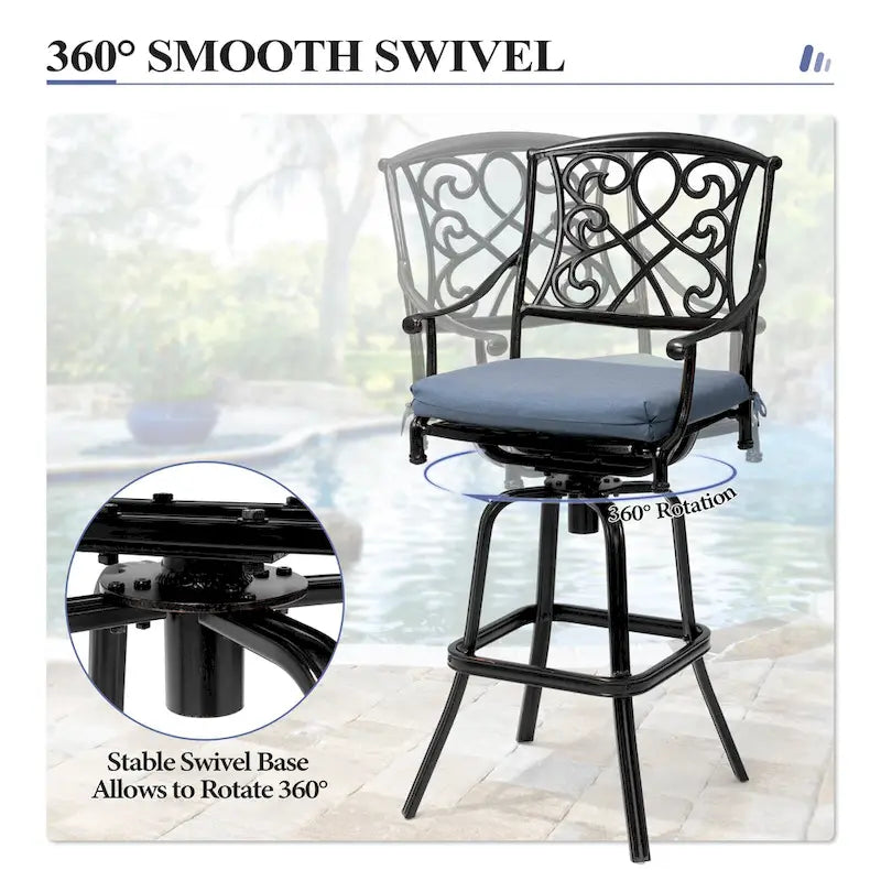Ensemble 3/5 tabourets de bar en fonte d'aluminium avec coussin en tissu Sunbrella pour terrasse