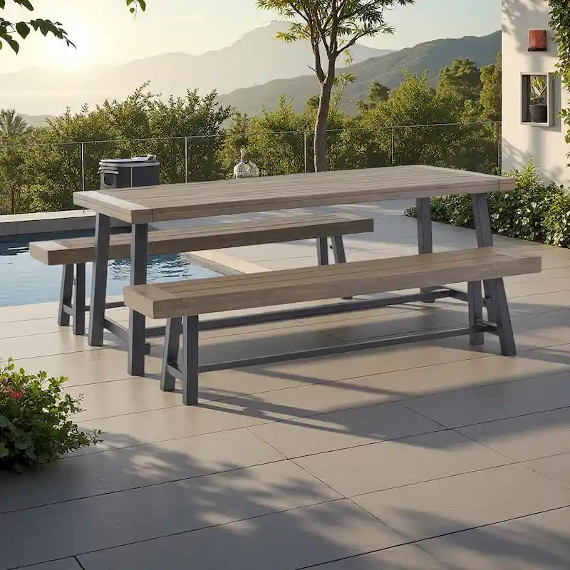 Ensemble de salle à manger/pique-nique rustique 3 pièces pour terrasse extérieure avec 2 bancs, bois d'acacia et cadre en fer