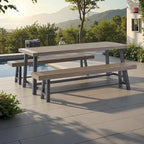 Ensemble de salle à manger/pique-nique rustique 3 pièces pour terrasse extérieure avec 2 bancs, bois d'acacia et cadre en fer