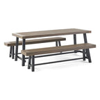 Ensemble de salle à manger/pique-nique rustique 3 pièces pour terrasse extérieure avec 2 bancs, bois d'acacia et cadre en fer
