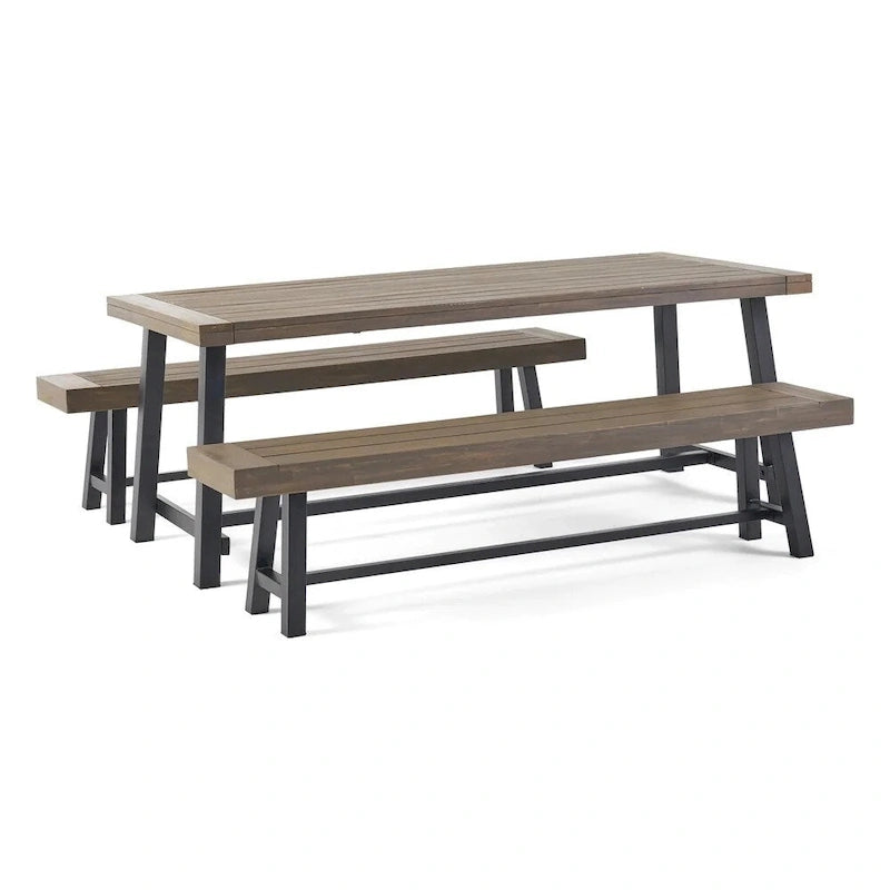 Ensemble de salle à manger/pique-nique rustique 3 pièces pour terrasse extérieure avec 2 bancs, bois d'acacia et cadre en fer