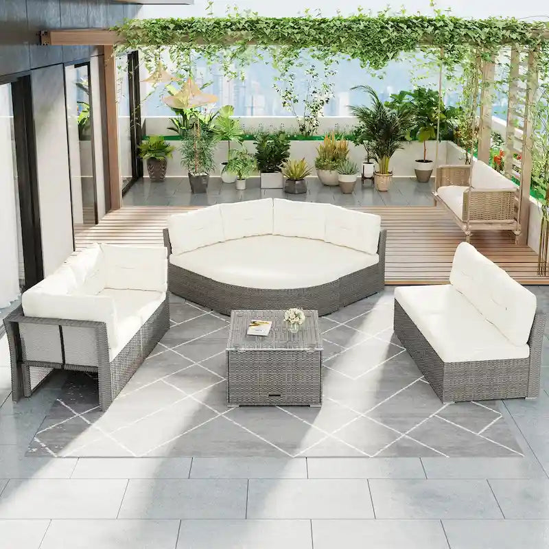 Ensemble de lit de repos pour patio - Sectionnel en rotin avec coussins et table basse pour jardin, piscine, pelouse