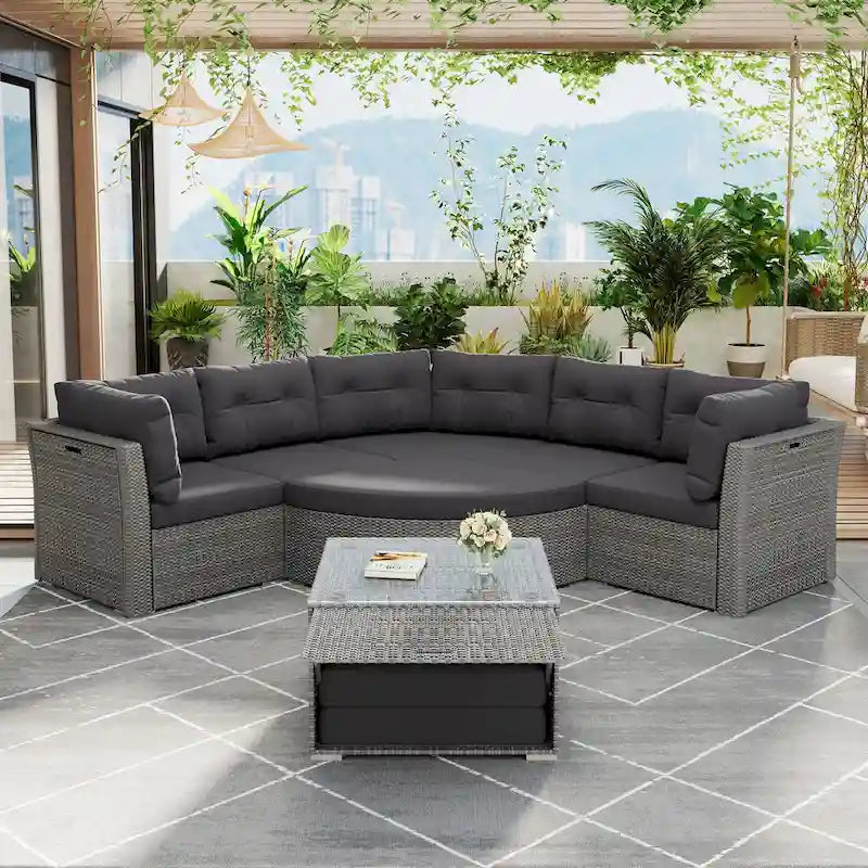 Ensemble de lit de repos pour patio - Sectionnel en rotin avec coussins et table basse pour jardin, piscine, pelouse