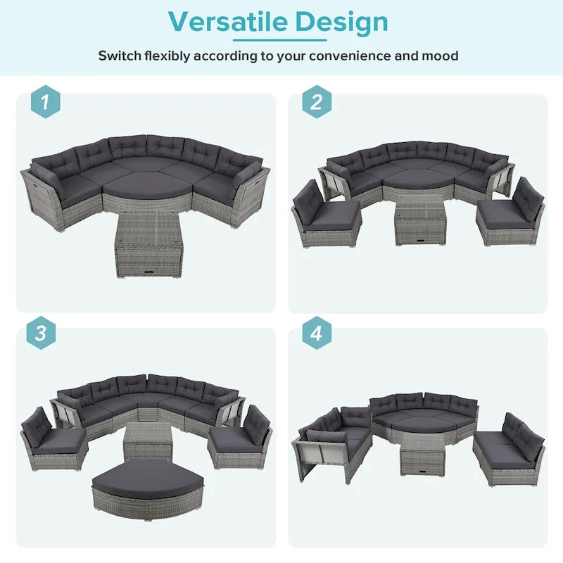 Ensemble de lit de repos pour patio - Sectionnel en rotin avec coussins et table basse pour jardin, piscine, pelouse