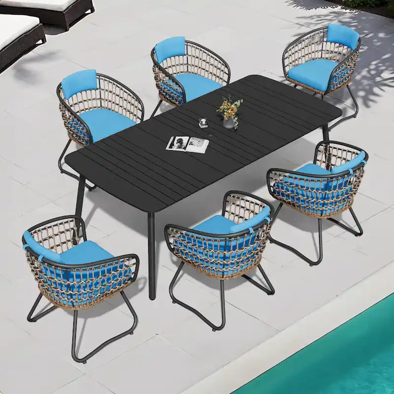 Ensemble de salle à manger d'extérieur 7 pièces – Table rectangulaire en aluminium avec trou pour parasol et chaises en rotin