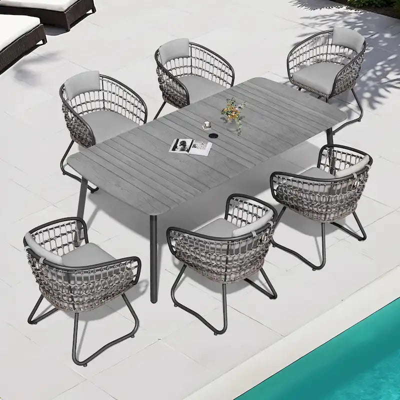 Ensemble de salle à manger d'extérieur 7 pièces – Table rectangulaire en aluminium avec trou pour parasol et chaises en rotin