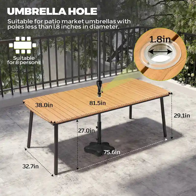Ensemble de salle à manger d'extérieur 7 pièces – Table rectangulaire en aluminium avec trou pour parasol et chaises en rotin