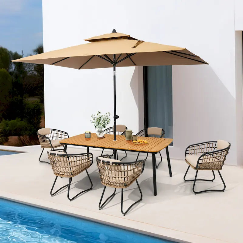 Ensemble de salle à manger d'extérieur 7 pièces – Table rectangulaire en aluminium avec trou pour parasol et chaises en rotin