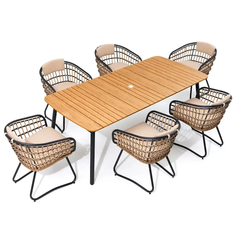 Ensemble de salle à manger d'extérieur 7 pièces – Table rectangulaire en aluminium avec trou pour parasol et chaises en rotin