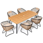 Ensemble de salle à manger d'extérieur 7 pièces – Table rectangulaire en aluminium avec trou pour parasol et chaises en rotin