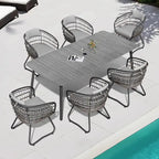 Ensemble de salle à manger d'extérieur 7 pièces – Table rectangulaire en aluminium avec trou pour parasol et chaises en rotin