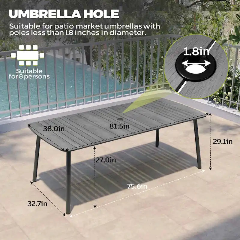 Ensemble de salle à manger d'extérieur 7 pièces – Table rectangulaire en aluminium avec trou pour parasol et chaises en rotin