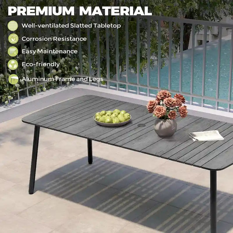Ensemble de salle à manger d'extérieur 7 pièces – Table rectangulaire en aluminium avec trou pour parasol et chaises en rotin