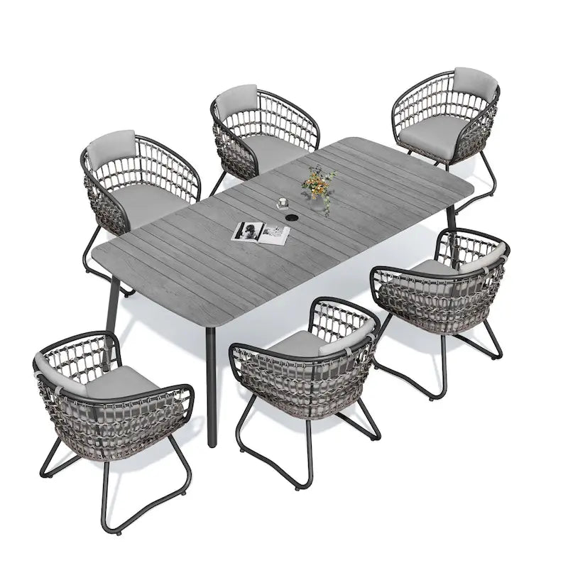 Ensemble de salle à manger d'extérieur 7 pièces – Table rectangulaire en aluminium avec trou pour parasol et chaises en rotin