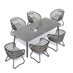 Ensemble de salle à manger d'extérieur 7 pièces – Table rectangulaire en aluminium avec trou pour parasol et chaises en rotin