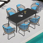 Ensemble de salle à manger d'extérieur 7 pièces – Table rectangulaire en aluminium avec trou pour parasol et chaises en rotin