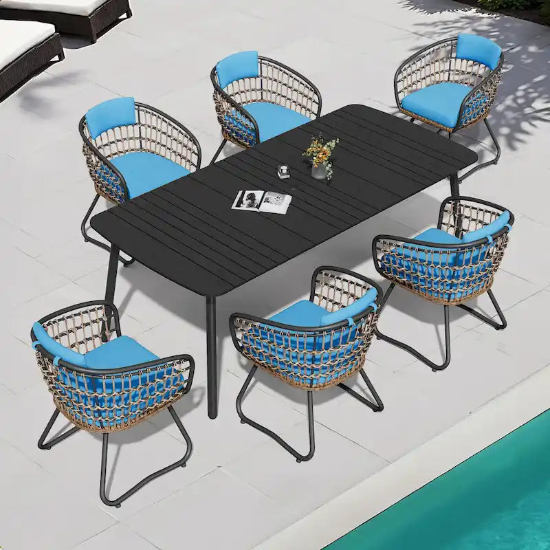 Ensemble de salle à manger d'extérieur 7 pièces – Table rectangulaire en aluminium avec trou pour parasol et chaises en rotin