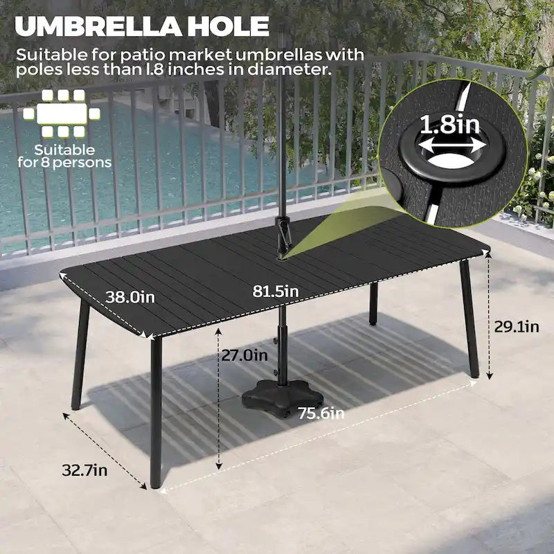 Ensemble de salle à manger d'extérieur 7 pièces – Table rectangulaire en aluminium avec trou pour parasol et chaises en rotin