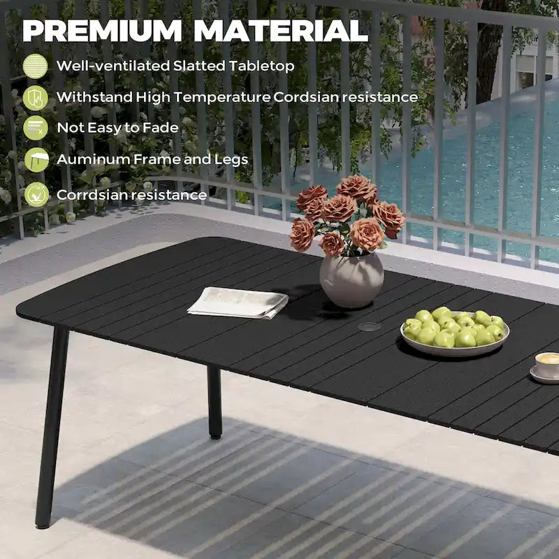 Ensemble de salle à manger d'extérieur 7 pièces – Table rectangulaire en aluminium avec trou pour parasol et chaises en rotin