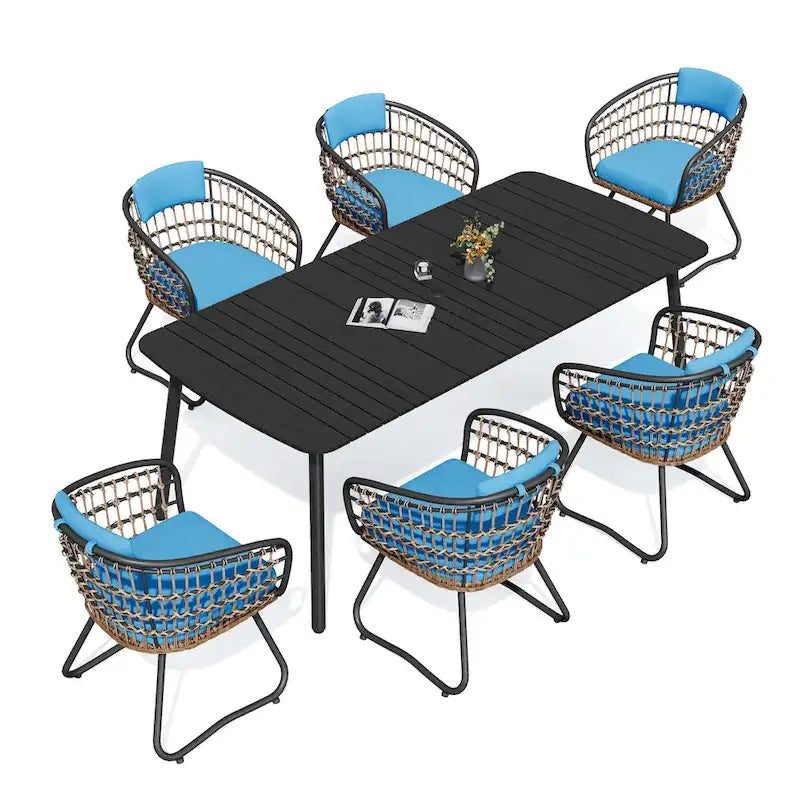 Ensemble de salle à manger d'extérieur 7 pièces – Table rectangulaire en aluminium avec trou pour parasol et chaises en rotin