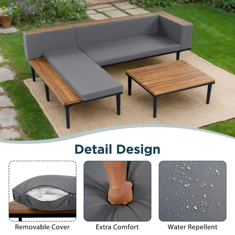 Ensemble de mobilier de patio de luxe avec coussins amovibles et table basse, canapé d'angle en bois d'acacia avec table d'appoint