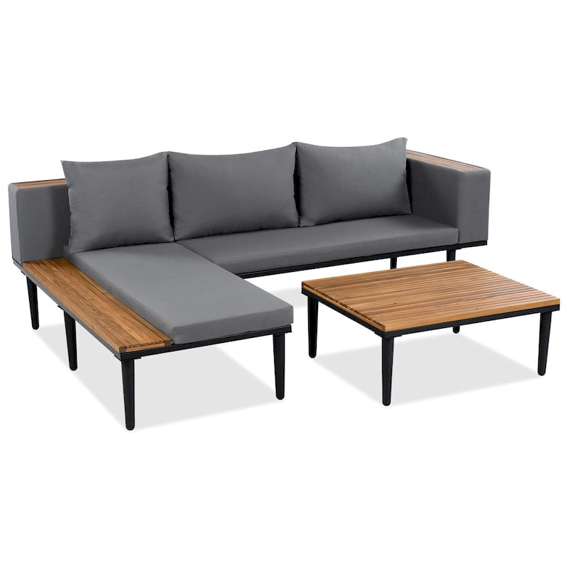 Ensemble de mobilier de patio de luxe avec coussins amovibles et table basse, canapé d'angle en bois d'acacia avec table d'appoint