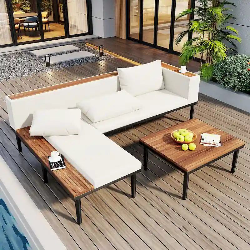 Ensemble de mobilier de patio de luxe avec coussins amovibles et table basse, canapé d'angle en bois d'acacia avec table d'appoint