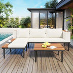 Ensemble de mobilier de patio de luxe avec coussins amovibles et table basse, canapé d'angle en bois d'acacia avec table d'appoint