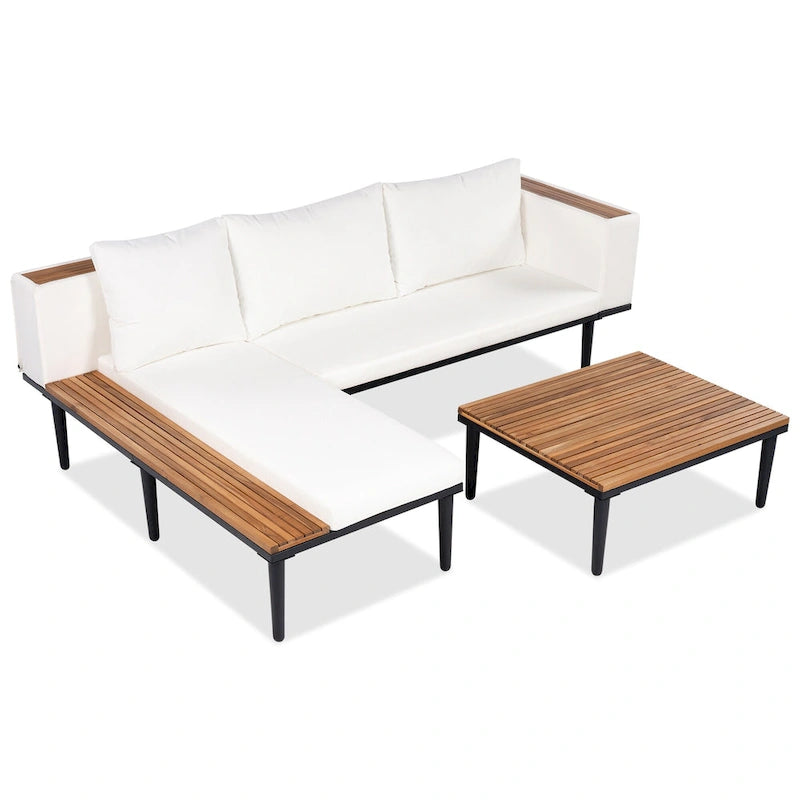 Ensemble de mobilier de patio de luxe avec coussins amovibles et table basse, canapé d'angle en bois d'acacia avec table d'appoint