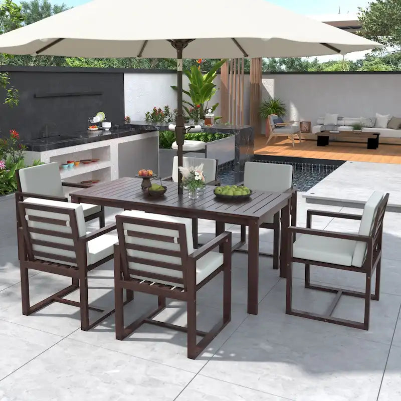 Ensemble repas de jardin 7 pièces, table et 6 chaises avec coussins amovibles pour terrasse et jardin, lot de 7